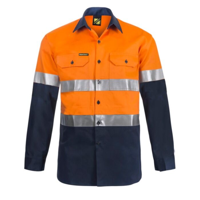 Workcraft Light Weight Hi Vis Long Sleeve Vented Cotton Drill Reflective Shirt Thumbnail