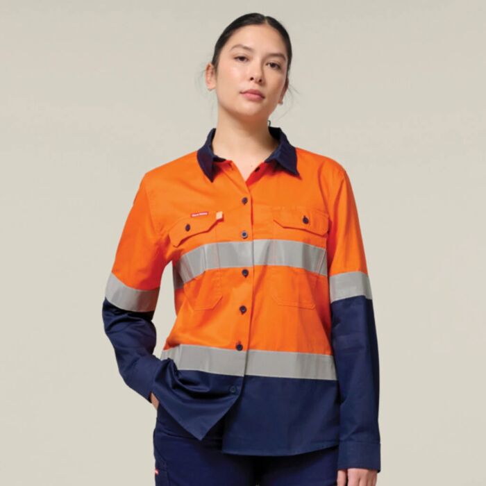 Hard Yakka Women's Hi Vis Lightweight 2 Tone Taped Long Sleeve Shirt Thumbnail
